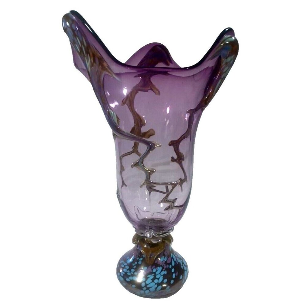 Unique 13 X 7.5  Purple Art Deco Murano Vines Confetti Centerpiece Vase Vintage - Picture 14 of 16